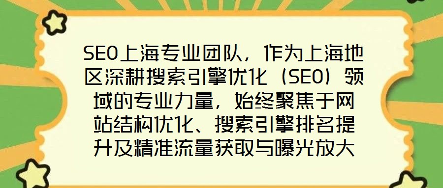 SEO上海專業(yè)團(tuán)隊，作為上海地區(qū)深耕搜索引擎優(yōu)化（SEO）領(lǐng)域的專業(yè)力量，始終聚焦于網(wǎng)站結(jié)構(gòu)優(yōu)化、搜索引擎排名提升及精準(zhǔn)流量獲取與曝光放大等核心目標(biāo)。在數(shù)字經(jīng)濟(jì)