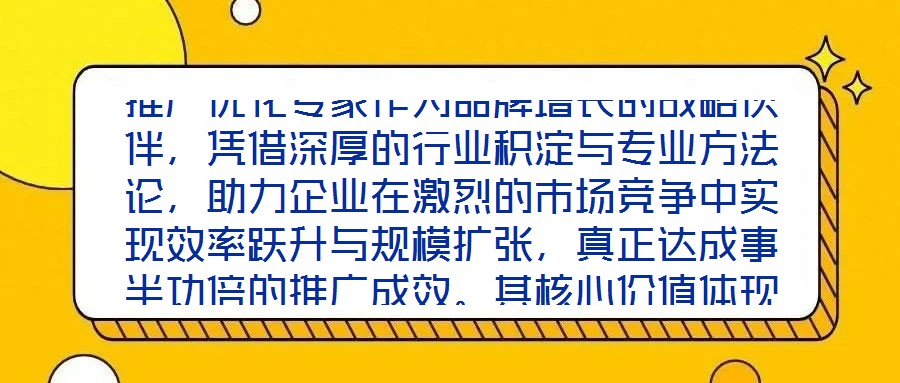 推廣優(yōu)化專家作為品牌增長的戰(zhàn)略伙伴，憑借深厚的行業(yè)積淀與專業(yè)方法論，助力企業(yè)在激烈的市場競爭中實(shí)現(xiàn)效率躍升與規(guī)模擴(kuò)張，真正達(dá)成事半功倍的推廣成效。其核心價(jià)值體現(xiàn)
